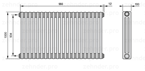 Схема (чертеж) Радиатор Zehnder Charleston 3100/21 №1270 Белый глянцевый RAL 9016